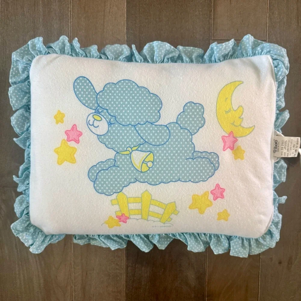 Vintage Triboro Baby Quilt and Ruffle Pillow Set Blue Polka Dot Poodle Made USA